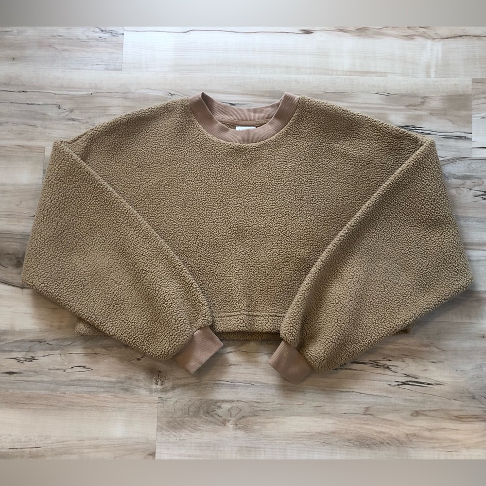 Sunday Best Tan Teddy Fleece Crop Crew Neck Sweater - Picture 2 of 6